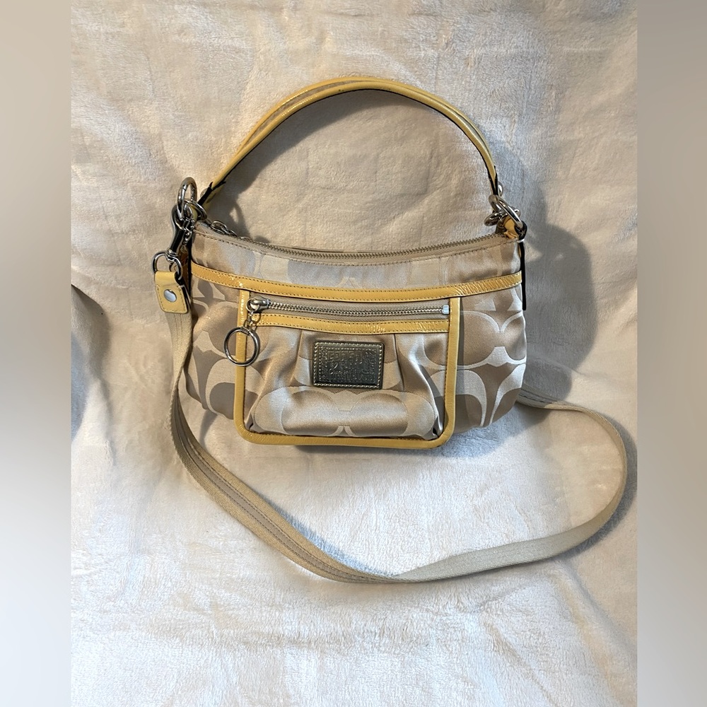 COACH Signature C Canvas 2-Way Poppy with Front Pocket Flap (Yellow and Beige)